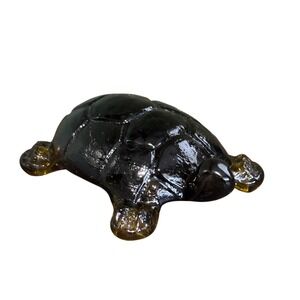Vintage Amber Black Art Glass Turtle Figurine Tortoise Paperweight Sculpture